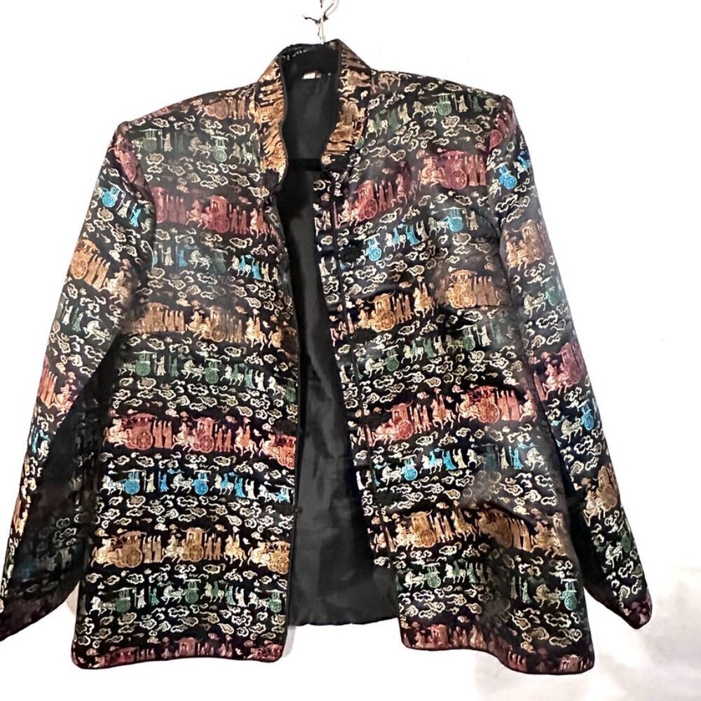 Mandarin Collar Embroidered Black Colorful Blazer Embroidery Frog Buttons Jacket - Picture 3 of 7